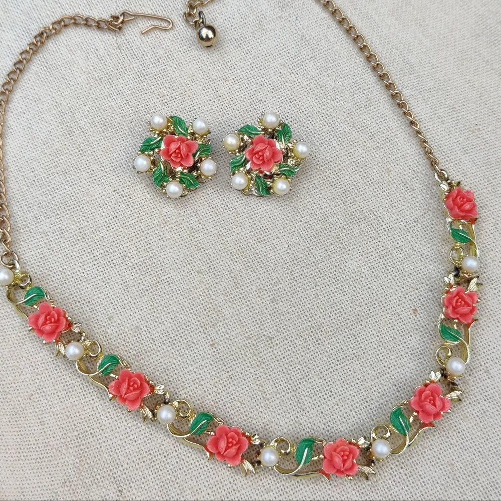 Vintage Coral Rose and Pearl Necklace with Matching Earrings